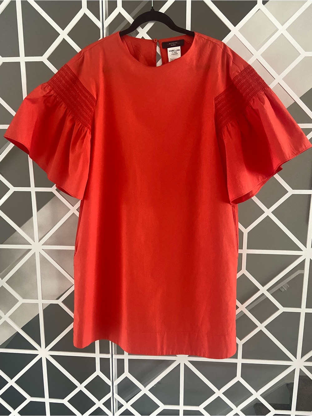WEEKEND MAX MARA Pacos Poplin Cotton Dress Size 8 Bell Sleeve Red Coral EUC - Picture 2 of 10